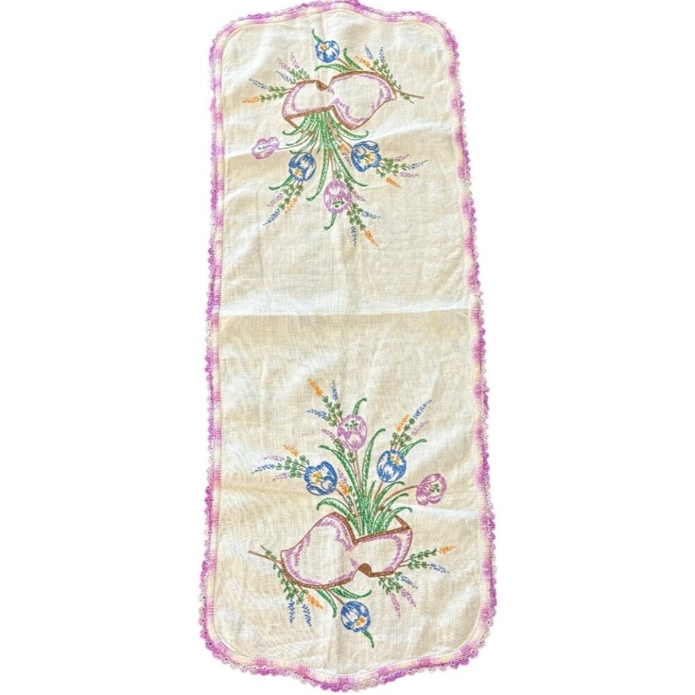 Vintage Hand Embroidered Floral Runner With Crocheted Edges